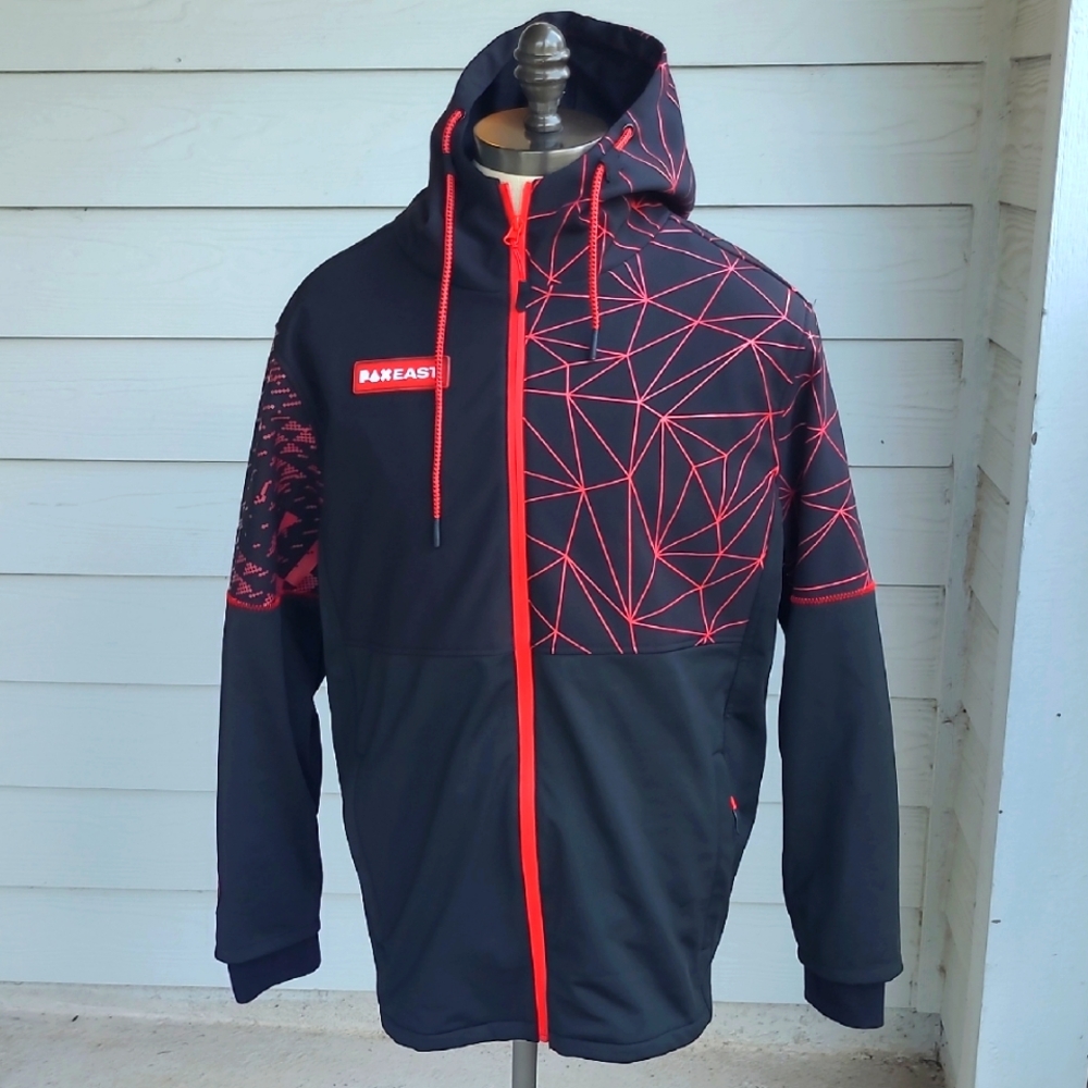 PAX EAST Black Red Gaming Hooded Full Zip Jacket 20 Year Anniversary‎ RARE Sz L